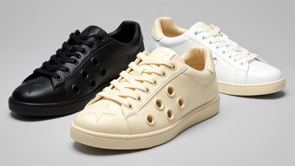 Illustration : sneakers montantes en cuir crème et bison, œillets surdimensionnés et lacets épais