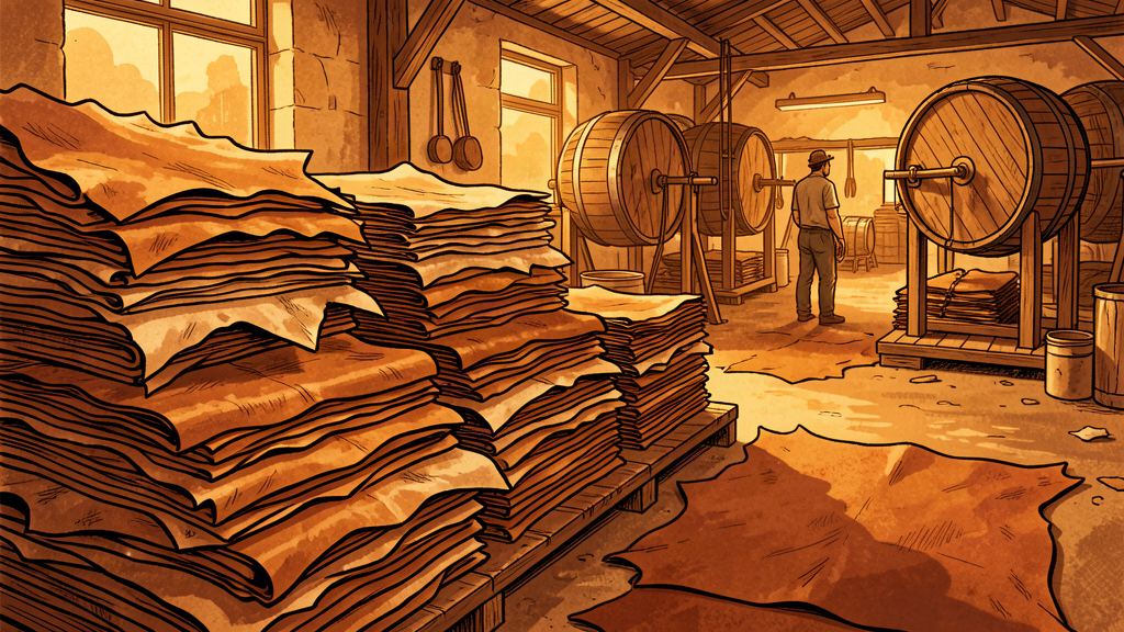Illustration : peaux brutes et feuilles de cuir tannées dans une tannerie