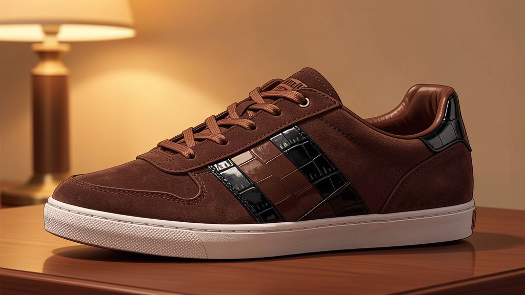 Illustration : une sneaker course basse en suède brun avec overlays croco noirs glacés