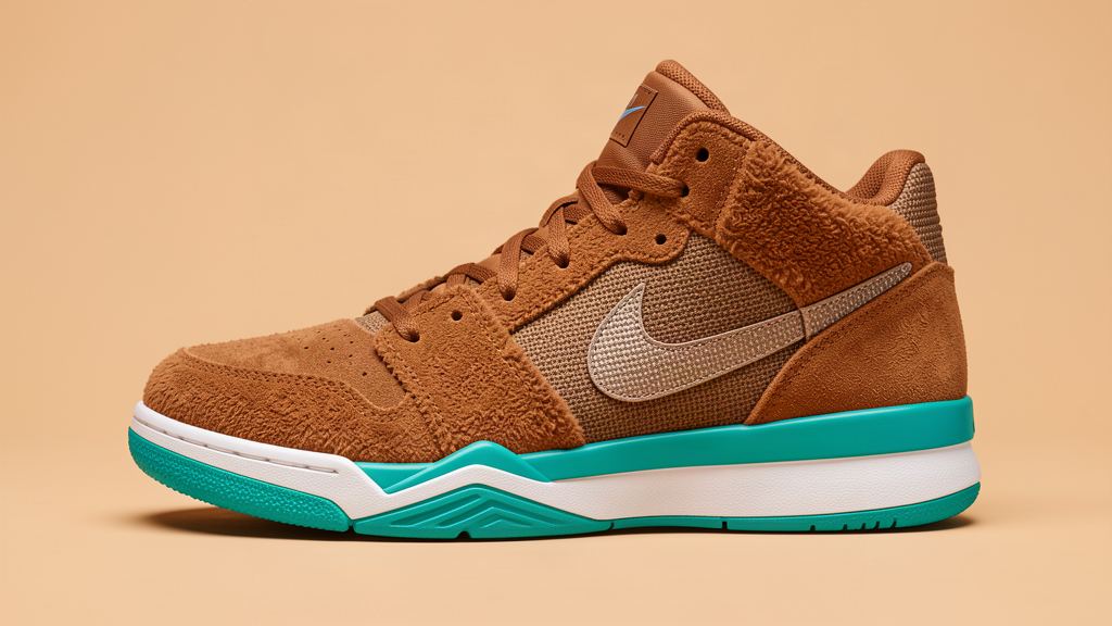 Illustration : sneaker basse en cuir chocolat et daim frisé posée sur une boîte imprimée fleurs de souci