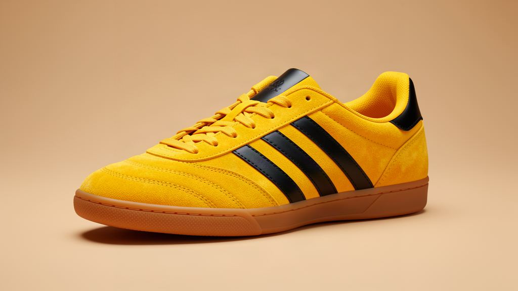Illustration : sneaker indoor en suède jaune solaire à bandes noires et semelle gomme