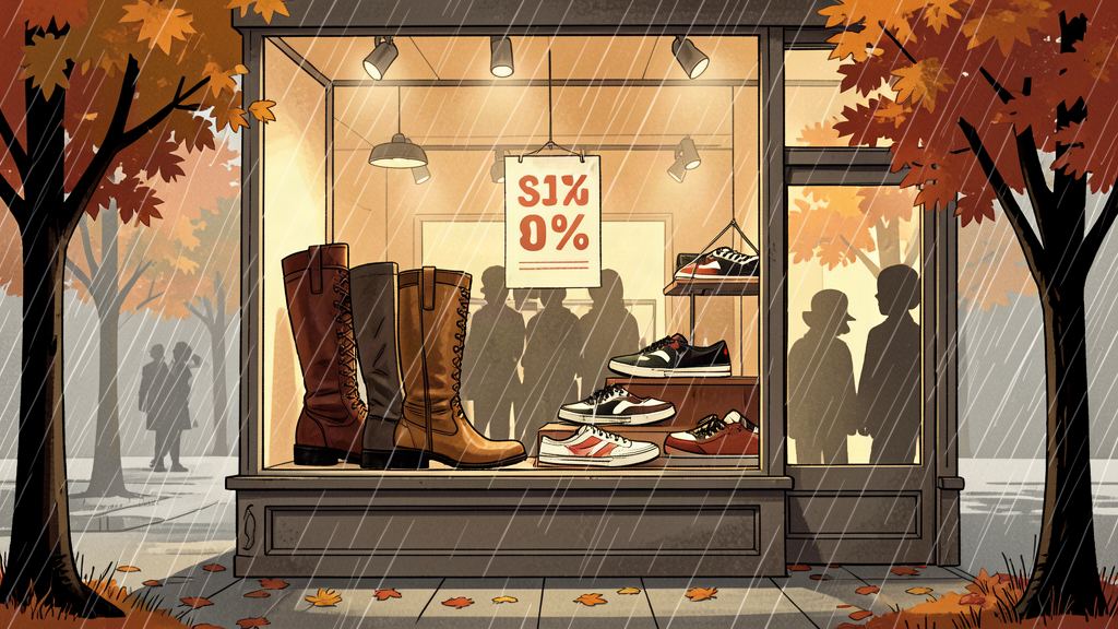 Illustration : vitrine d'enseigne de chaussures en automne sous la pluie