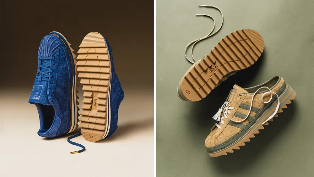 Deux paires de la collaboration adidas Originals x Clot : une Superstar en daim bleu roi et une Superstar Mule slip-on camel à détails verts.