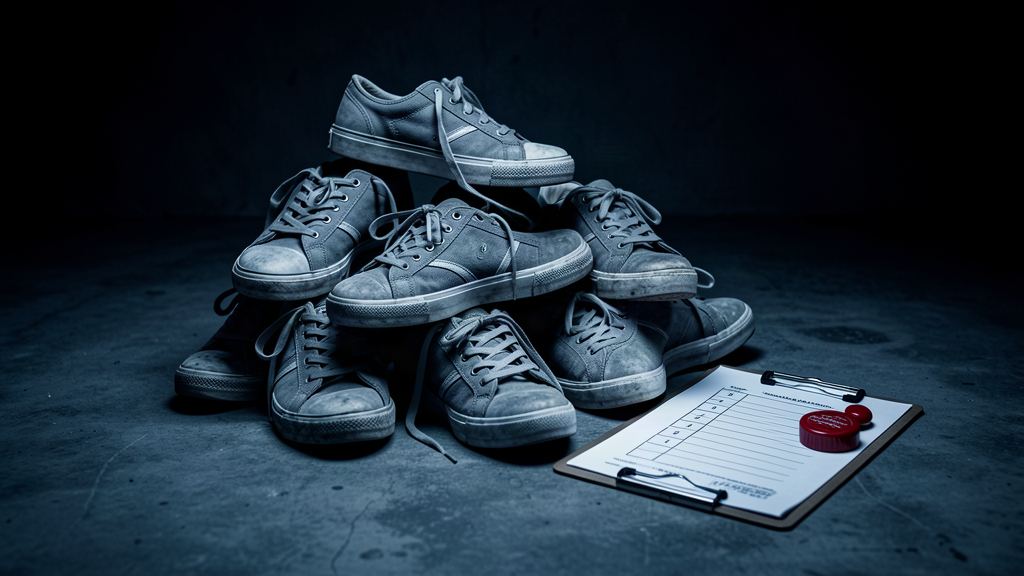 Illustration : des baskets bas de gamme empilées sous une lumière froide, face à une checklist et un tampon — la métaphore du contrôle réglementaire REACH.