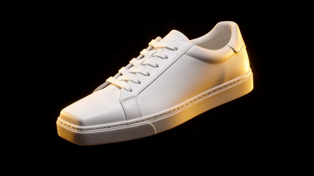 Illustration : une sneaker blanche au bout carré anguleux, cuir lisse et lumière dorée — l'esprit du Japan SQ sans montrer le produit officiel.