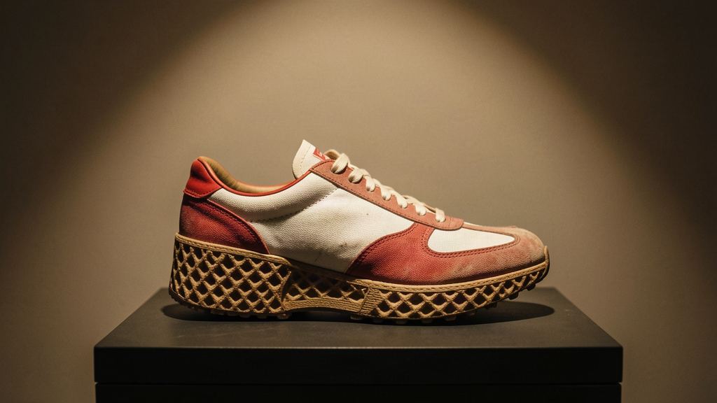 Illustration : une chaussure de running des années 70 à semelle gaufre présentée sous spotlight, dans l'esprit des prototypes de Bill Bowerman.